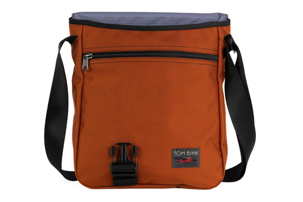 Medium Cafe Bag in Burnt Orange 525 Ballistic with Dusk (greyish-purple with light grey grid) 210 Cerylon interior